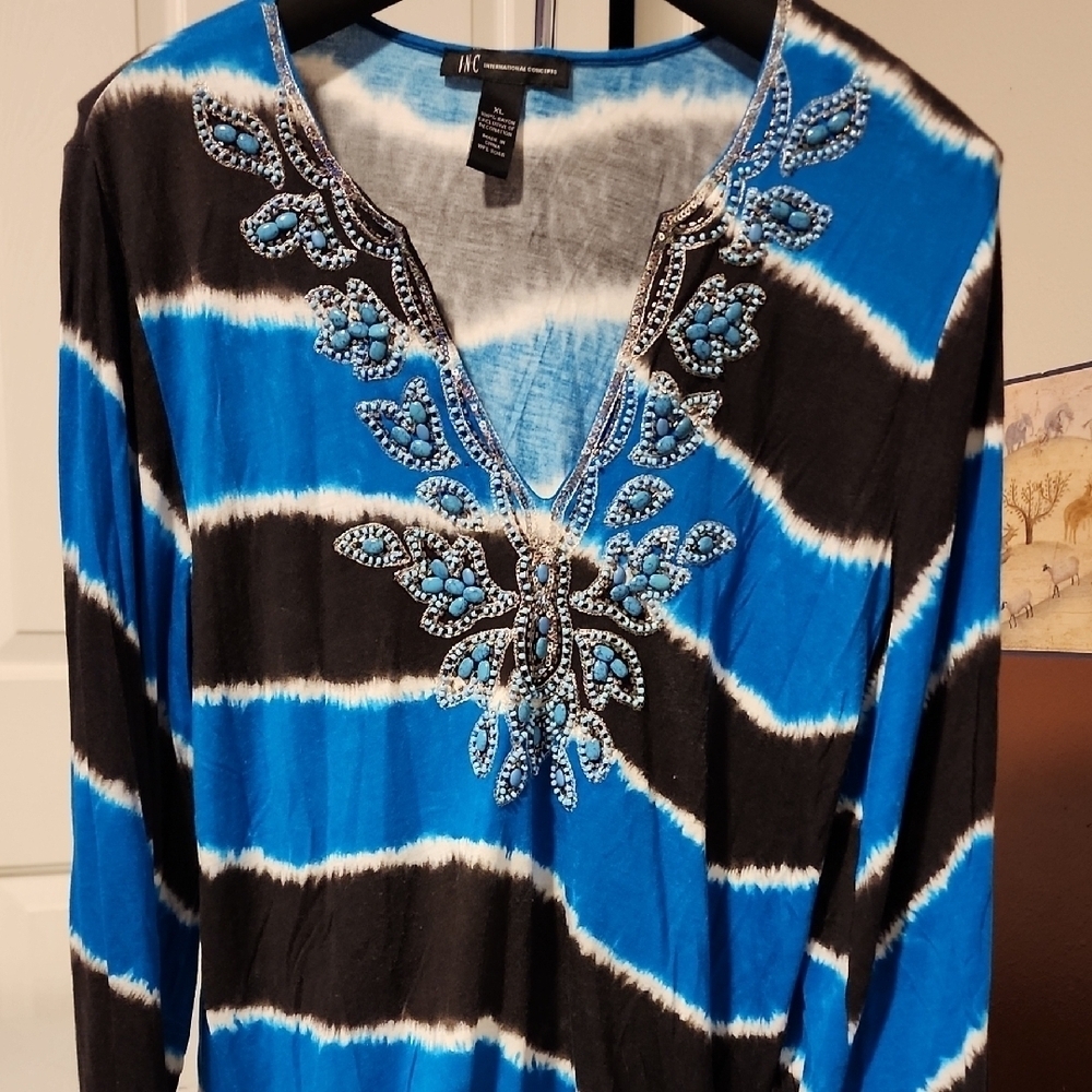 INC International Concepts Blue and Black Graphic Embellished Blouse